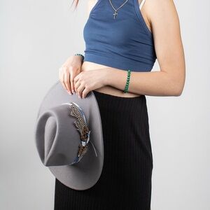 Gray Hat with Feather Accent